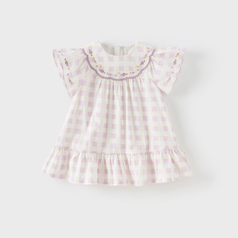 فستان بنات صيفي من القطن مربعات بنفسجي بأسلوب عطلة