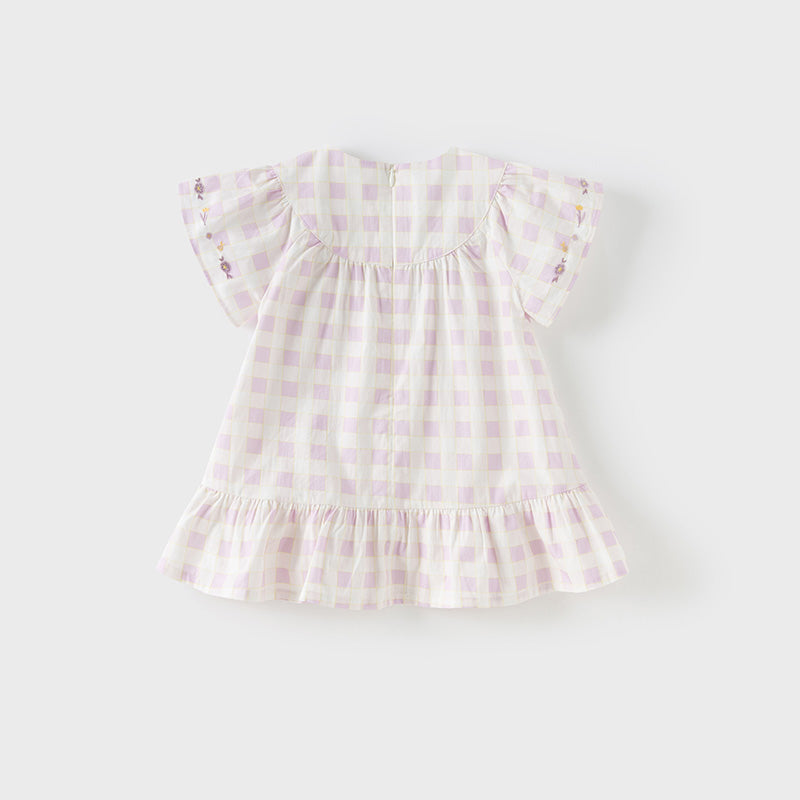 فستان بنات صيفي من القطن مربعات بنفسجي بأسلوب عطلة