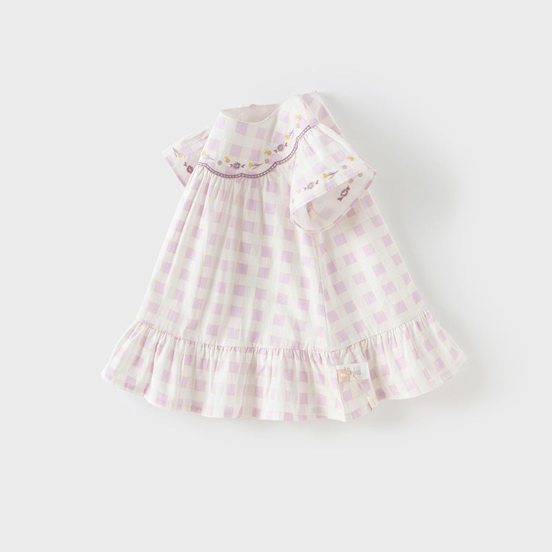 فستان بنات صيفي من القطن مربعات بنفسجي بأسلوب عطلة