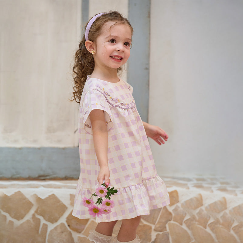 فستان بنات صيفي من القطن مربعات بنفسجي بأسلوب عطلة