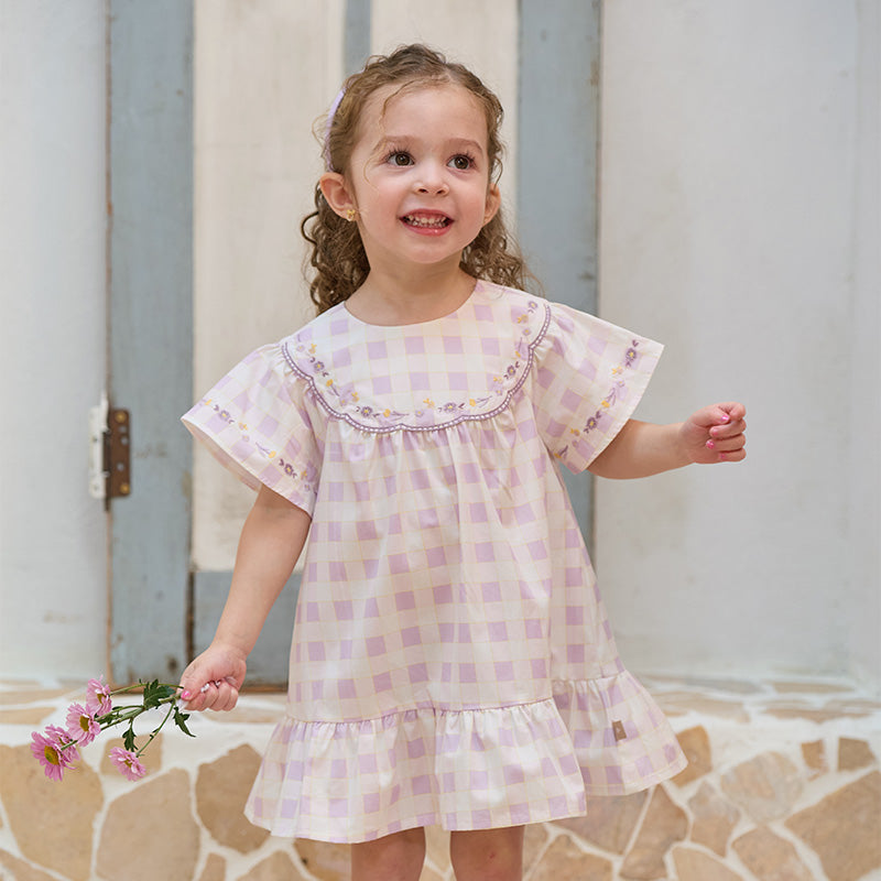 فستان بنات صيفي من القطن مربعات بنفسجي بأسلوب عطلة