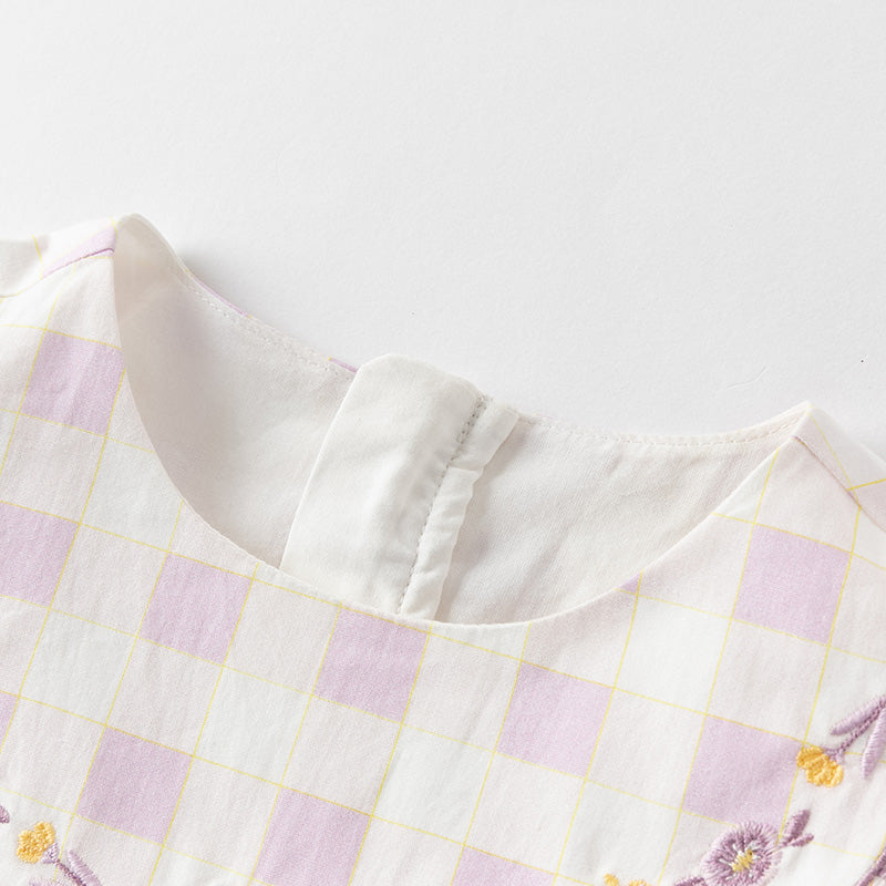 فستان بنات صيفي من القطن مربعات بنفسجي بأسلوب عطلة