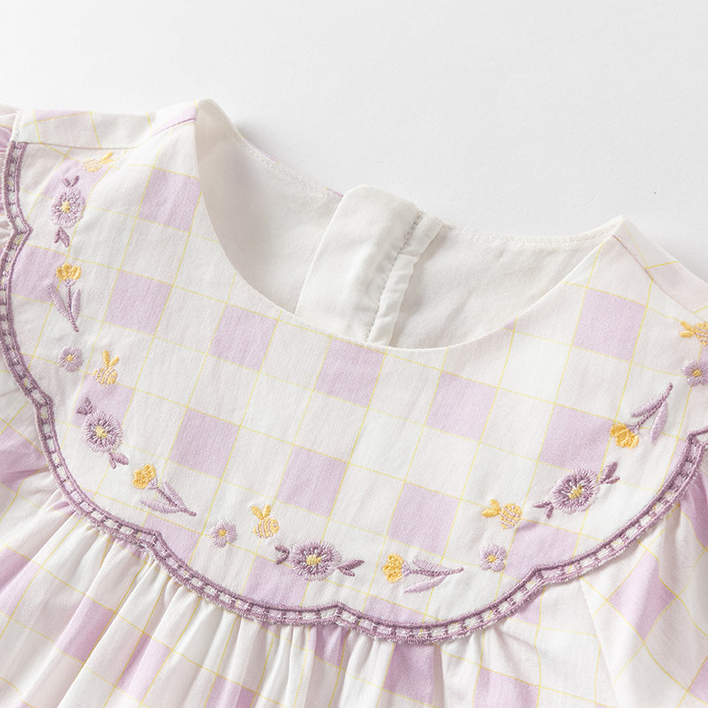 فستان بنات صيفي من القطن مربعات بنفسجي بأسلوب عطلة