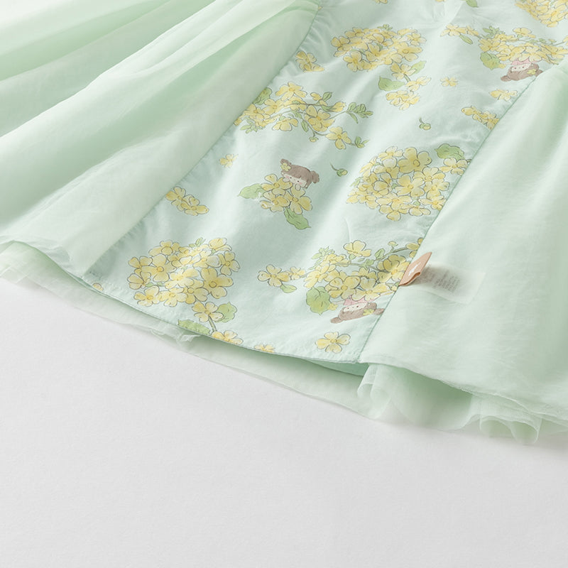 فستان بنات صيفي من التول باللون الأخضر مطبوع بالزهور تصميم صيني