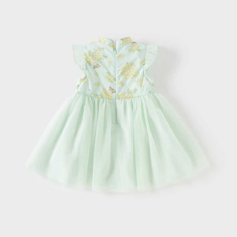 فستان بنات صيفي من التول باللون الأخضر مطبوع بالزهور تصميم صيني