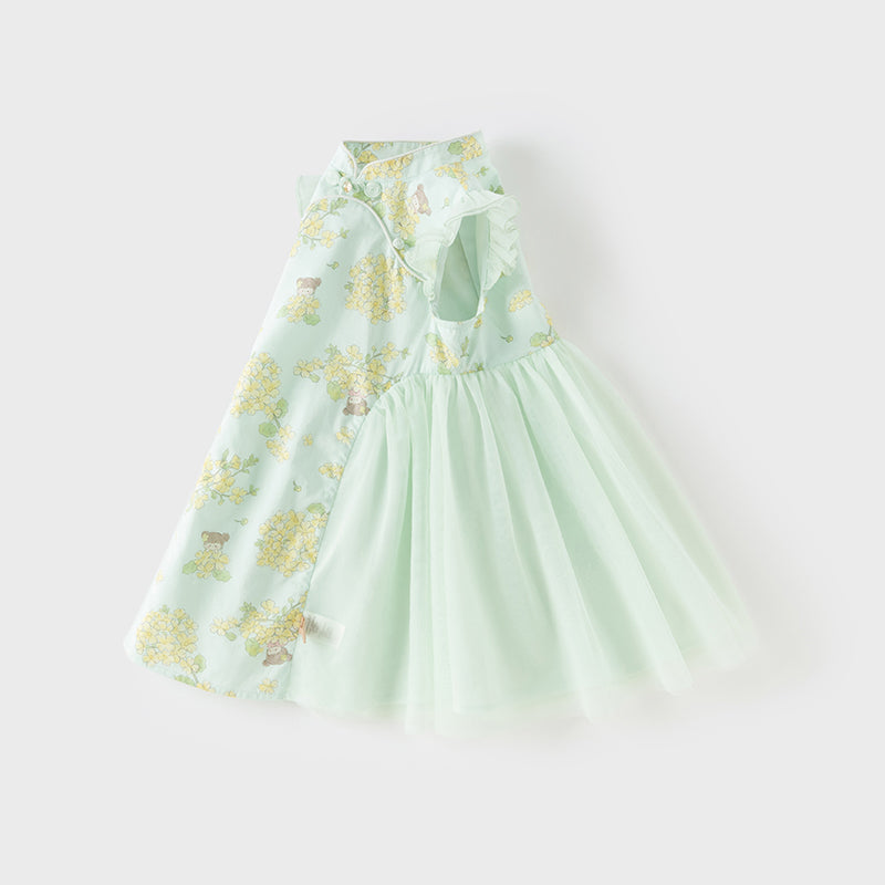 فستان بنات صيفي من التول باللون الأخضر مطبوع بالزهور تصميم صيني
