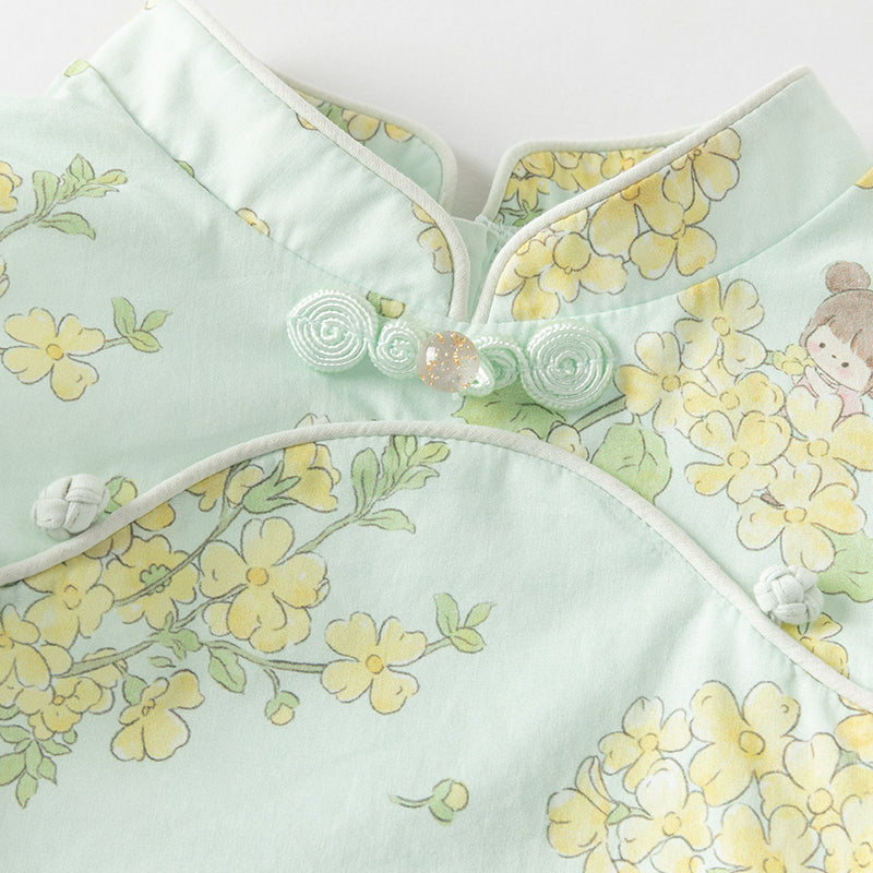 فستان بنات صيفي من التول باللون الأخضر مطبوع بالزهور تصميم صيني