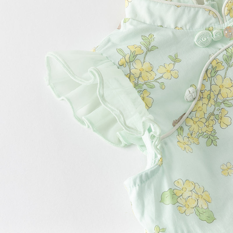 فستان بنات صيفي من التول باللون الأخضر مطبوع بالزهور تصميم صيني