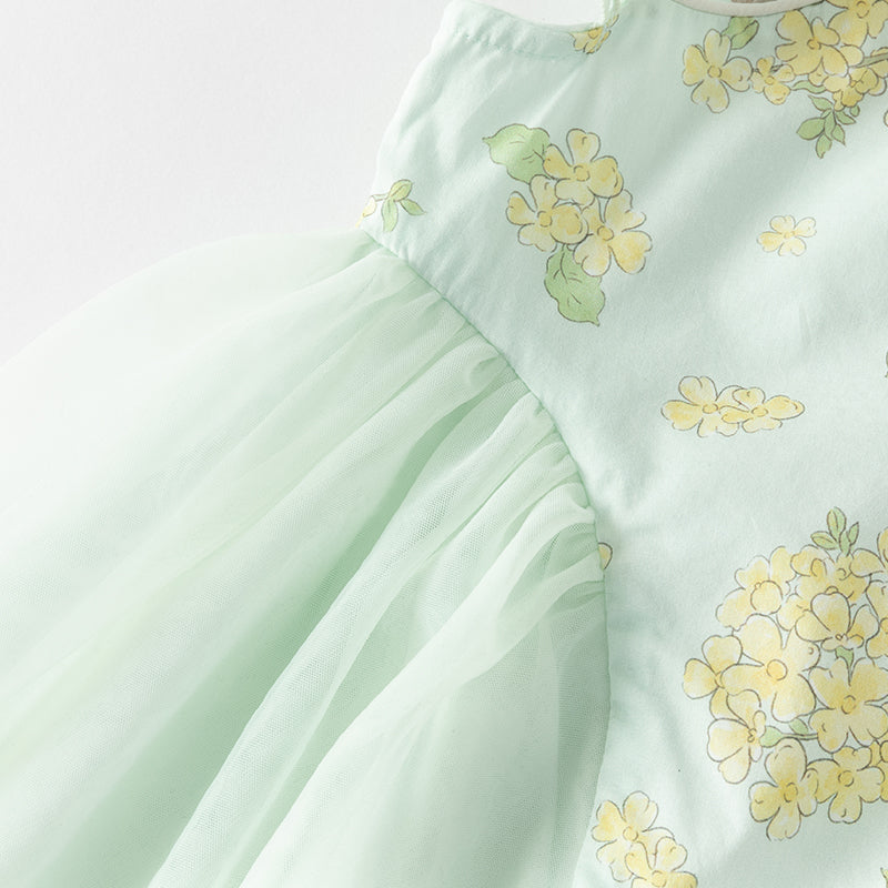 فستان بنات صيفي من التول باللون الأخضر مطبوع بالزهور تصميم صيني