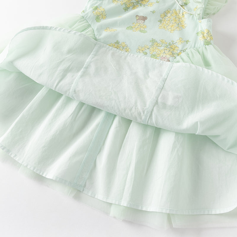 فستان بنات صيفي من التول باللون الأخضر مطبوع بالزهور تصميم صيني