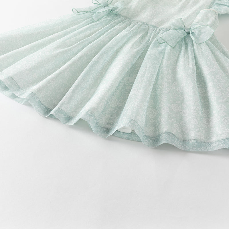 فستان صيفي من الأورجانزا باللون الأخضر للبنات، مزين بفيونكة