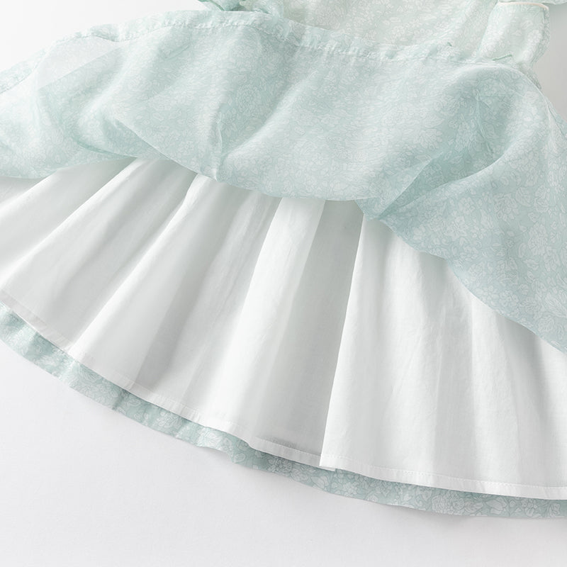 فستان صيفي من الأورجانزا باللون الأخضر للبنات، مزين بفيونكة