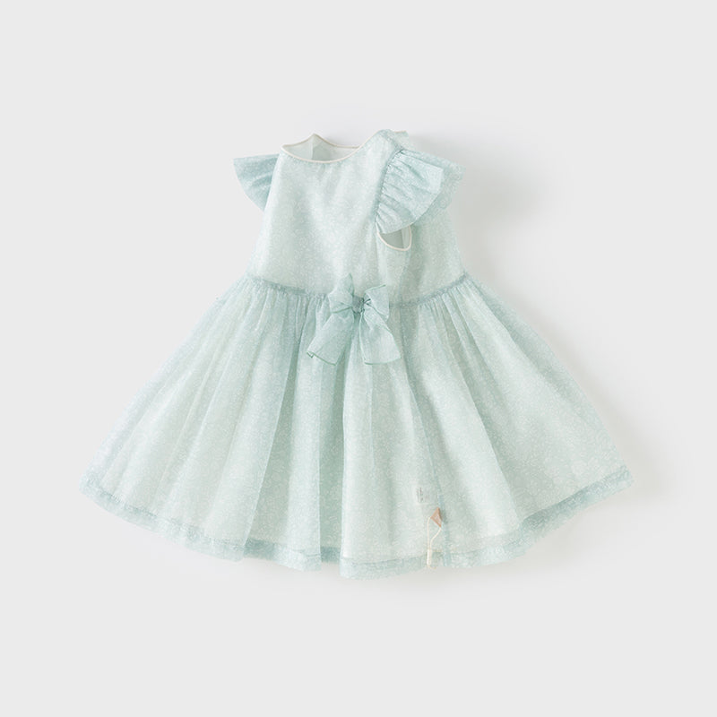 فستان صيفي من الأورجانزا باللون الأخضر للبنات، مزين بفيونكة