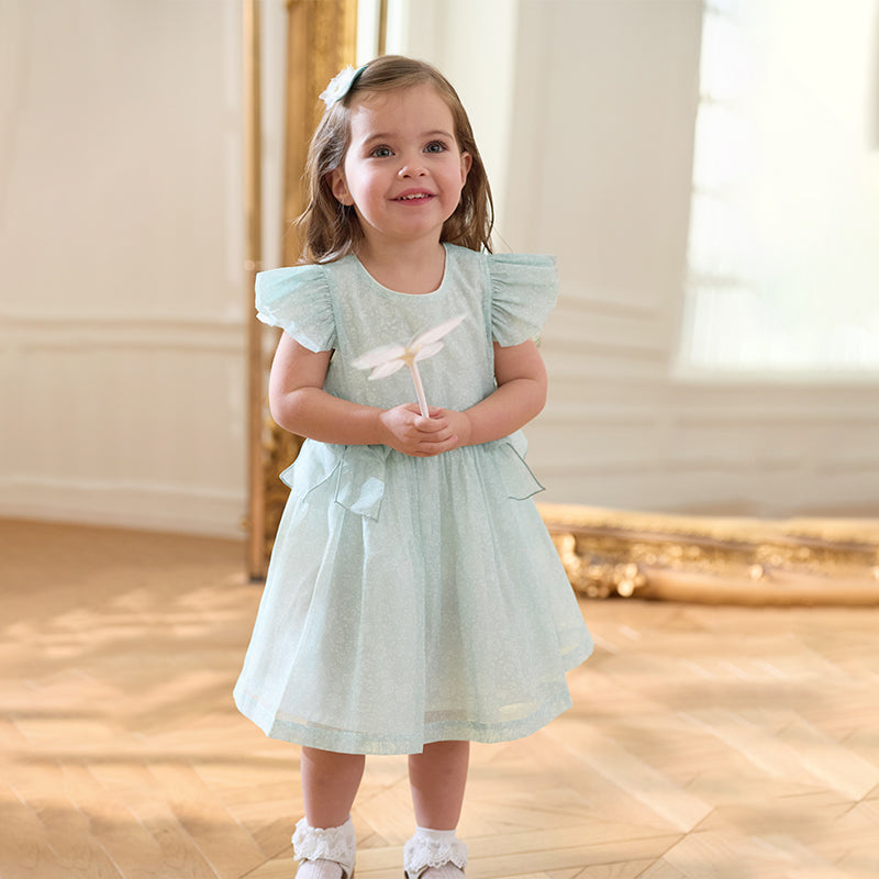 فستان صيفي من الأورجانزا باللون الأخضر للبنات، مزين بفيونكة