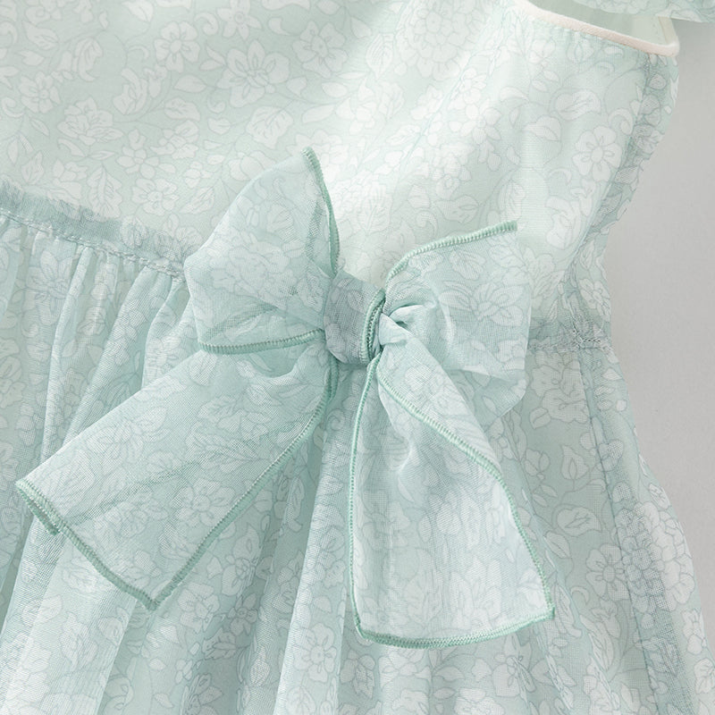 فستان صيفي من الأورجانزا باللون الأخضر للبنات، مزين بفيونكة