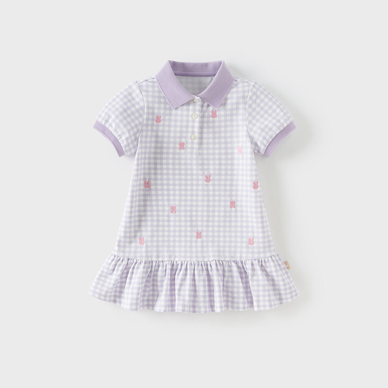 فستان بنات صيفي من القطن بياقة بولو باللون البنفسجي الفاتح مع تصميم رياضي