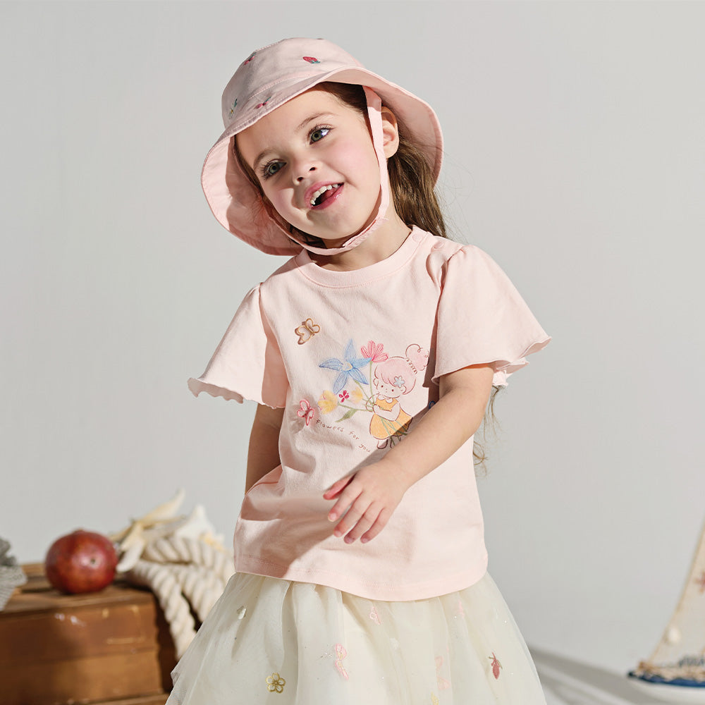 تي شيرت صيفي وردي قطني للبنات الصغيرات بطبعة زهور كرتونية وأكمام مكشكشة