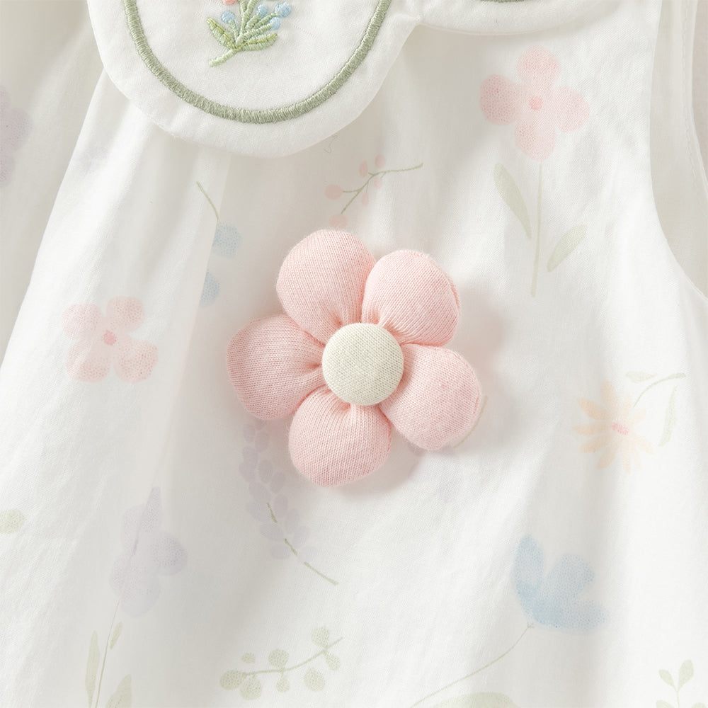 فستان بنات صيفي بدون أكمام بطبعة زهور وياقة بيتر بان بتصميم حافة منتفخة بأسلوب لطيف