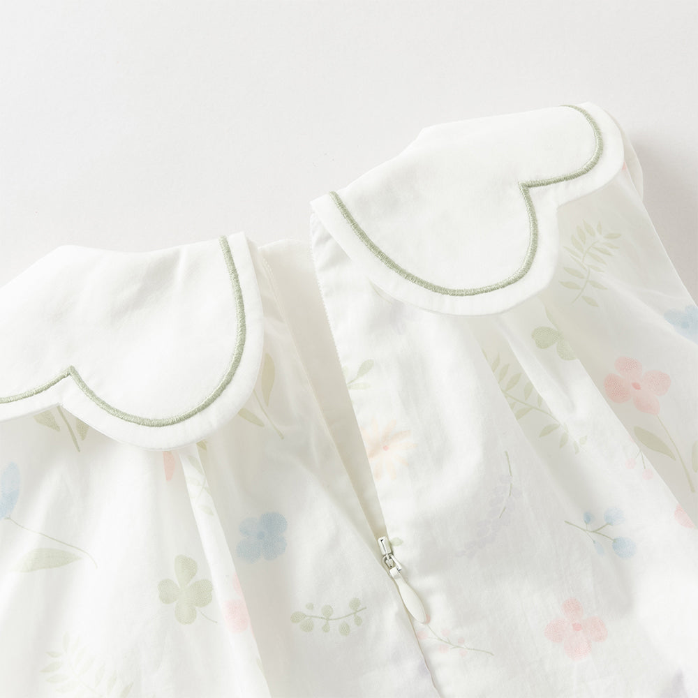 فستان بنات صيفي بدون أكمام بطبعة زهور وياقة بيتر بان بتصميم حافة منتفخة بأسلوب لطيف