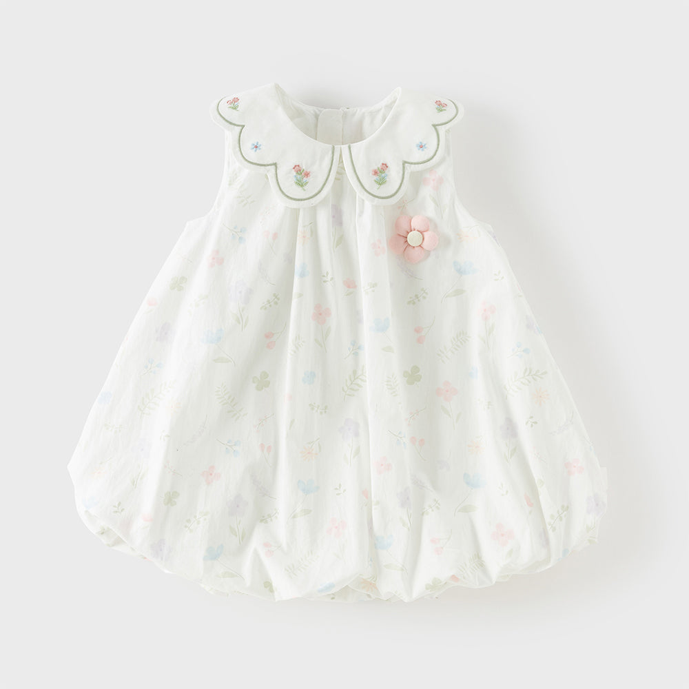 فستان بنات صيفي بدون أكمام بطبعة زهور وياقة بيتر بان بتصميم حافة منتفخة بأسلوب لطيف