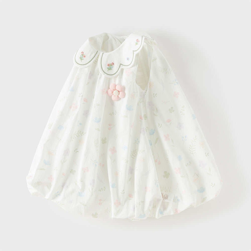 فستان بنات صيفي بدون أكمام بطبعة زهور وياقة بيتر بان بتصميم حافة منتفخة بأسلوب لطيف