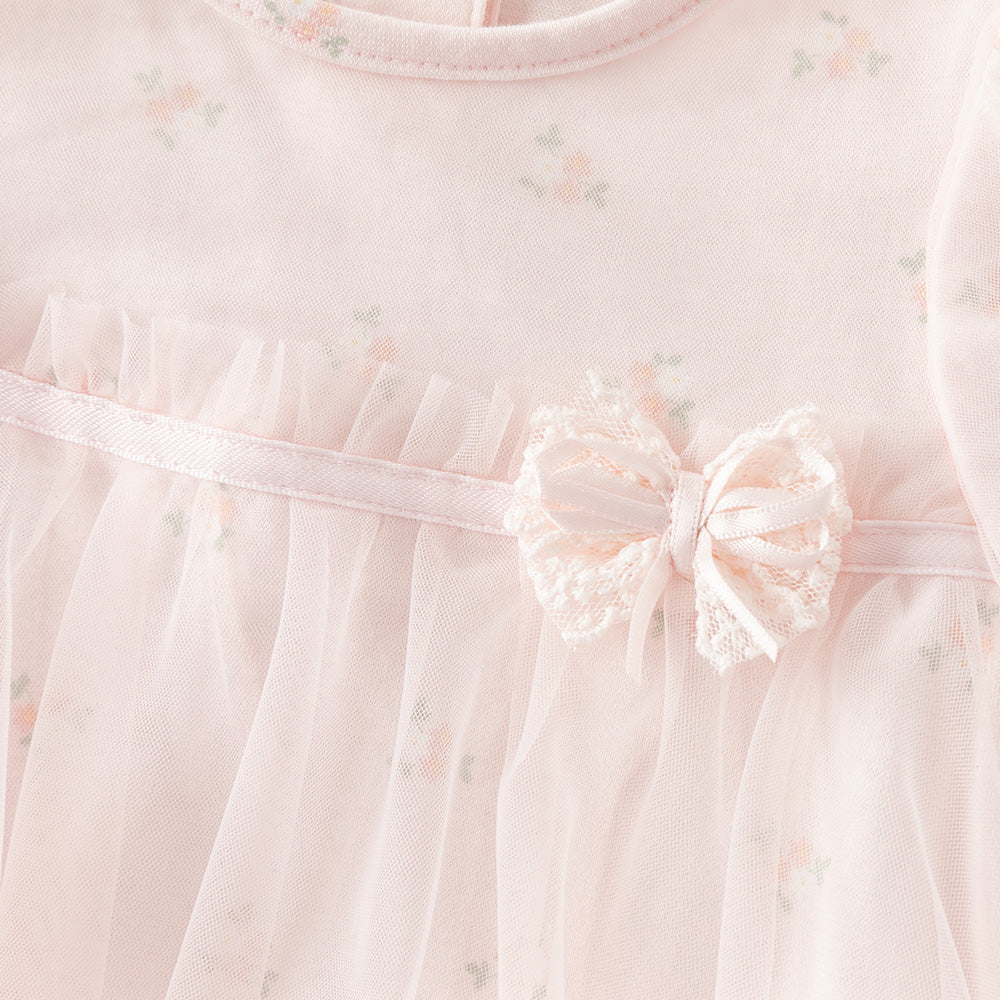 رومبر صيفي وردي فاتح بطبعة زهور وطبقة تول للبنات الرضع بياقة دائرية وأكمام قصيرة