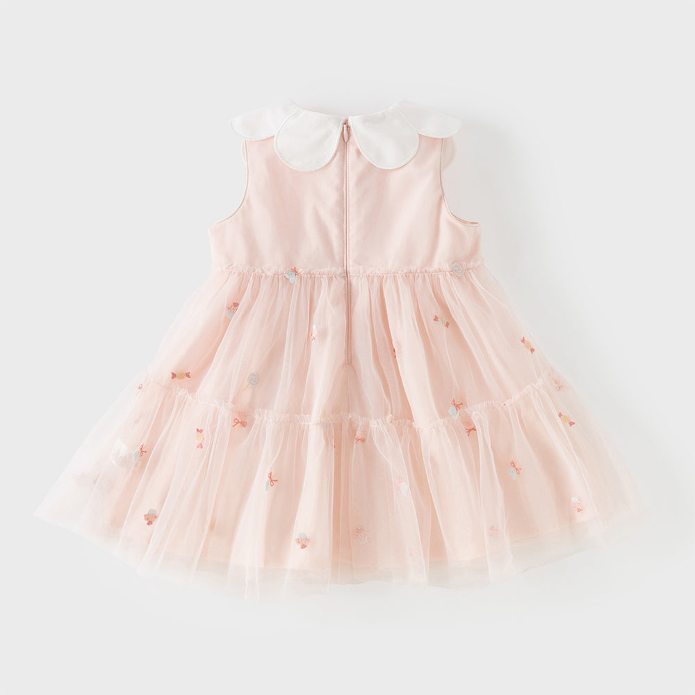 فستان بنات صيفي وردي بدون أكمام من التول بتطريز حلويات مع حقيبة كروس بودي بشكل كب كيك