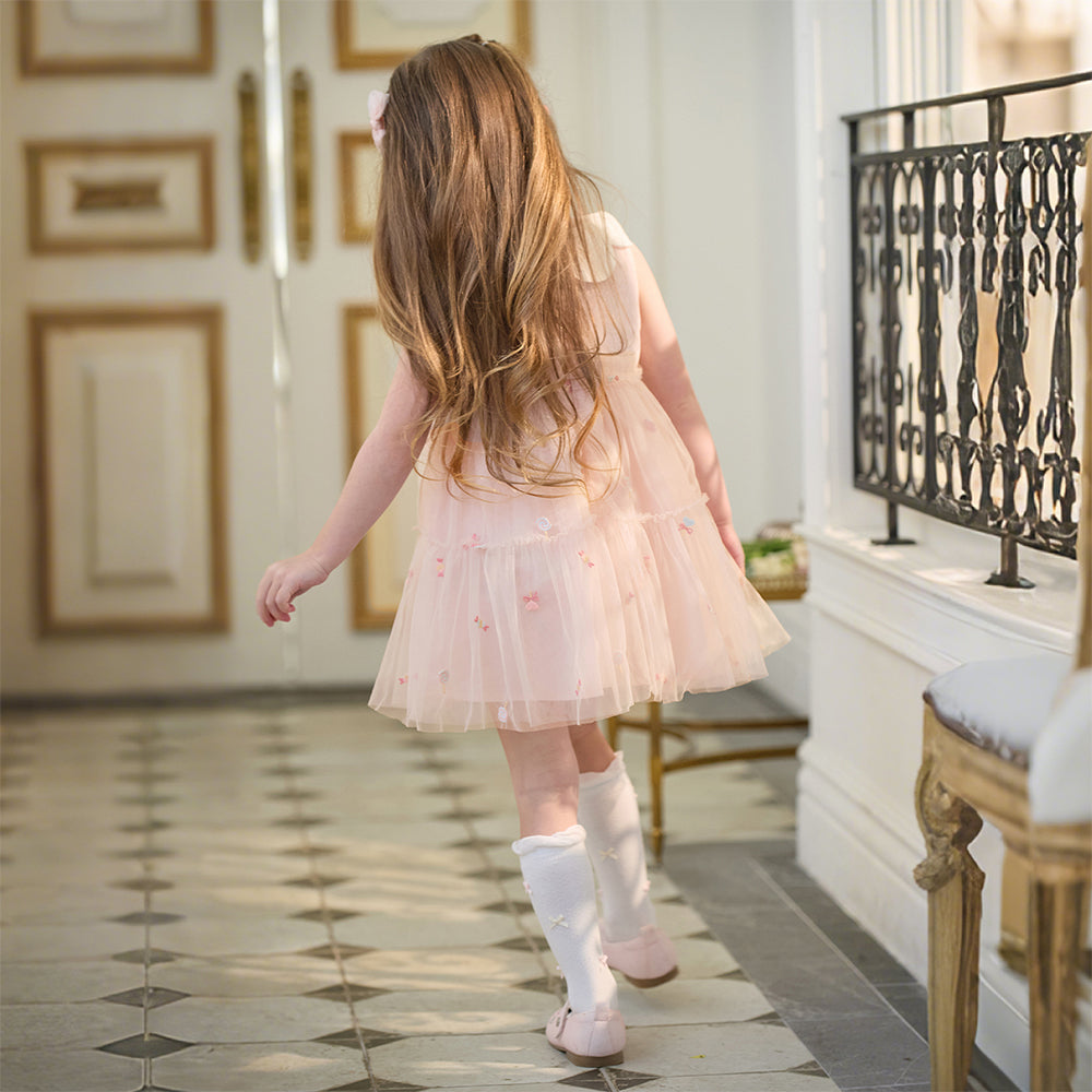 فستان بنات صيفي وردي بدون أكمام من التول بتطريز حلويات مع حقيبة كروس بودي بشكل كب كيك