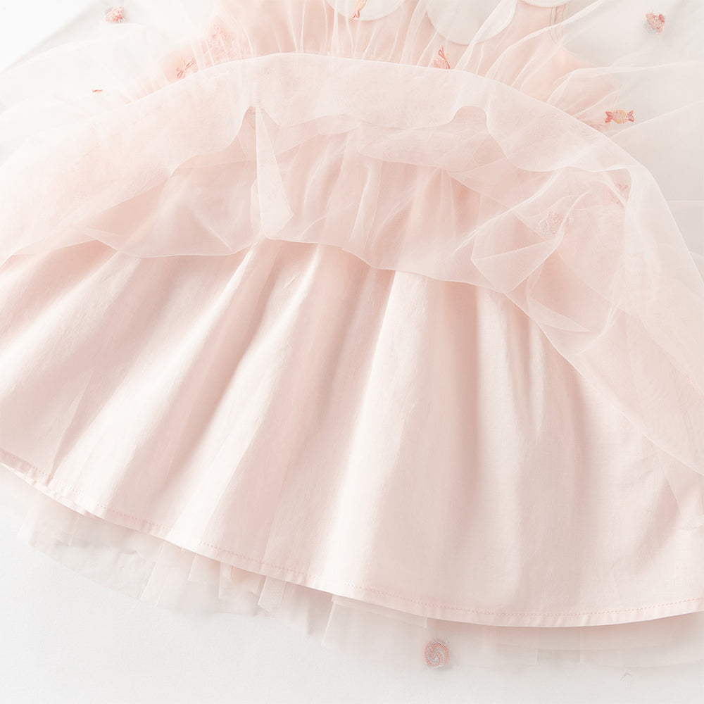 فستان بنات صيفي وردي بدون أكمام من التول بتطريز حلويات مع حقيبة كروس بودي بشكل كب كيك