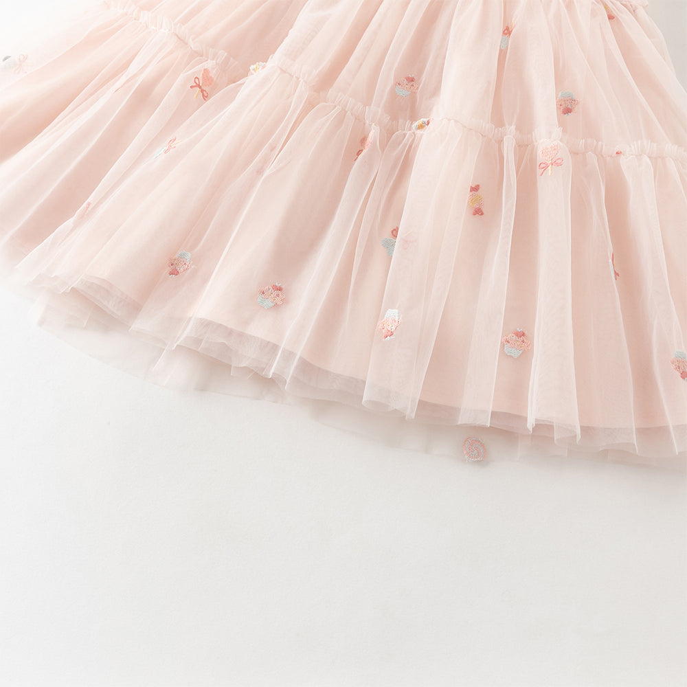 فستان بنات صيفي وردي بدون أكمام من التول بتطريز حلويات مع حقيبة كروس بودي بشكل كب كيك