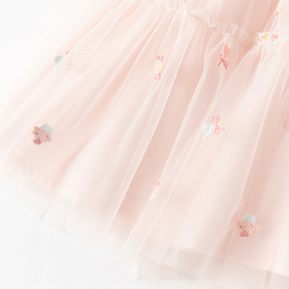 فستان بنات صيفي وردي بدون أكمام من التول بتطريز حلويات مع حقيبة كروس بودي بشكل كب كيك