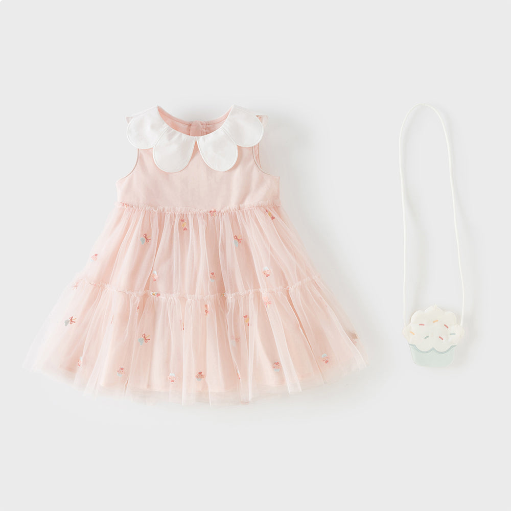 فستان بنات صيفي وردي بدون أكمام من التول بتطريز حلويات مع حقيبة كروس بودي بشكل كب كيك