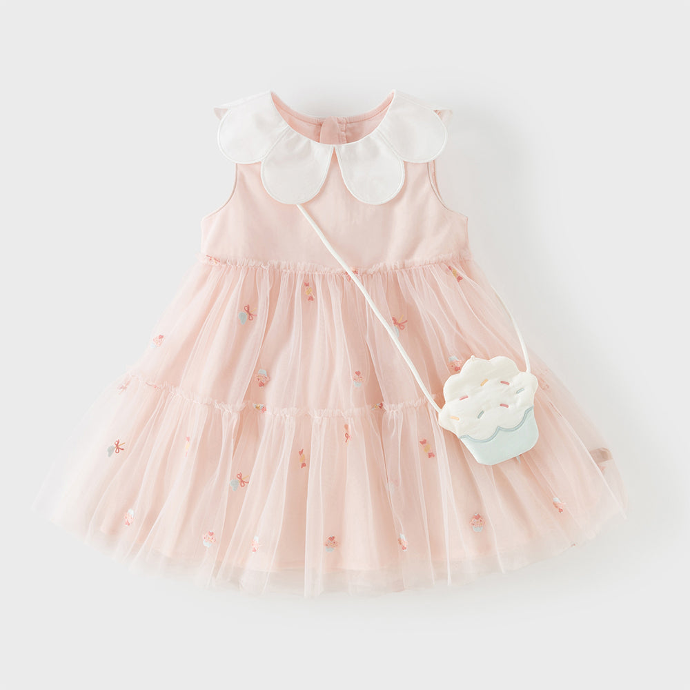 فستان بنات صيفي وردي بدون أكمام من التول بتطريز حلويات مع حقيبة كروس بودي بشكل كب كيك