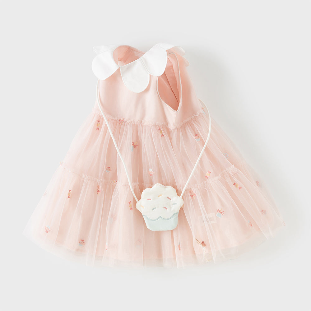 فستان بنات صيفي وردي بدون أكمام من التول بتطريز حلويات مع حقيبة كروس بودي بشكل كب كيك