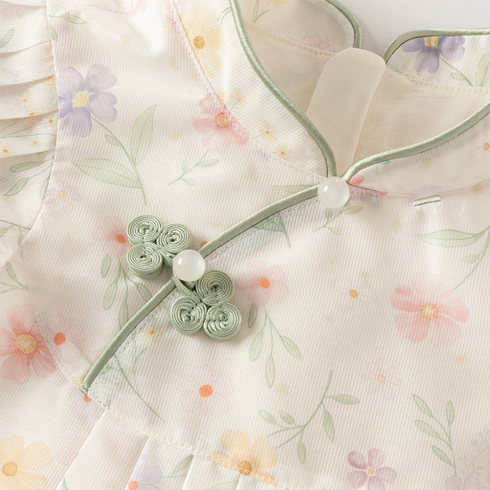 فستان بنات صيفي بياقة تشيباو وأكمام كاب بطبعة زهور بأسلوب صيني