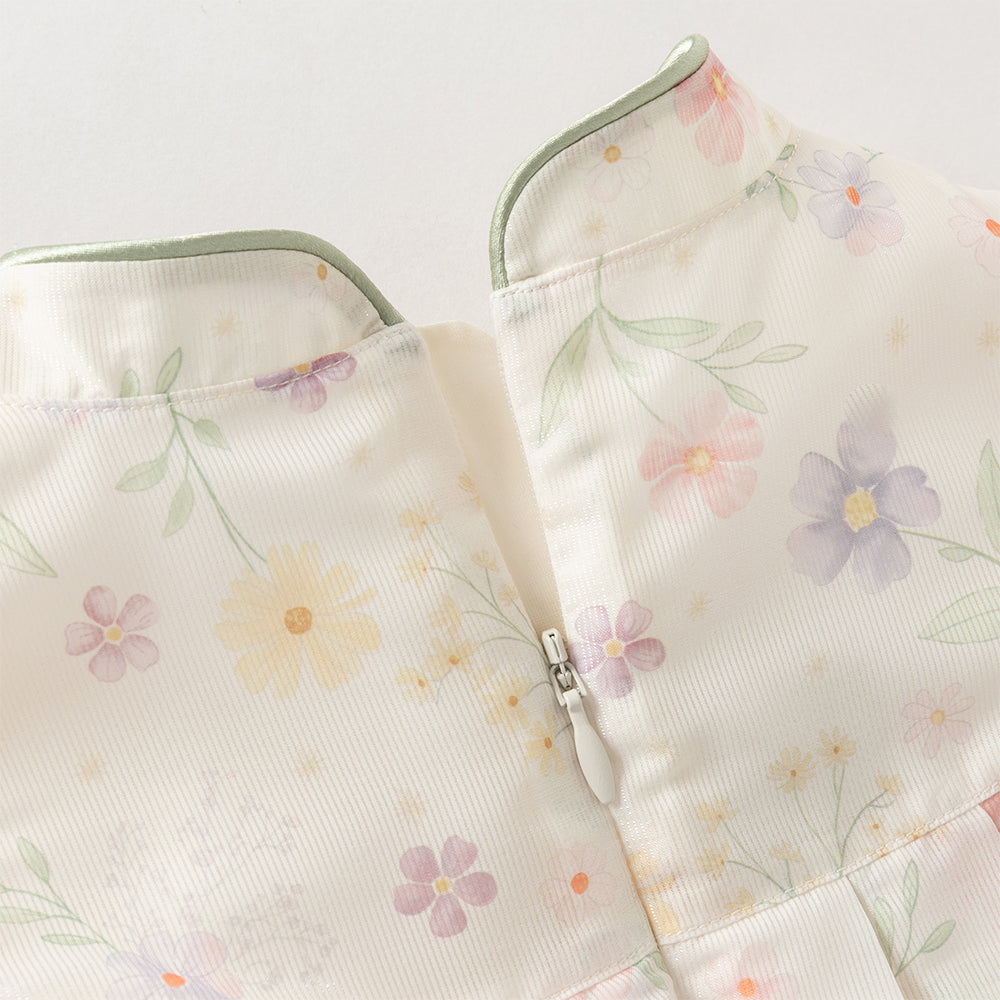 فستان بنات صيفي بياقة تشيباو وأكمام كاب بطبعة زهور بأسلوب صيني