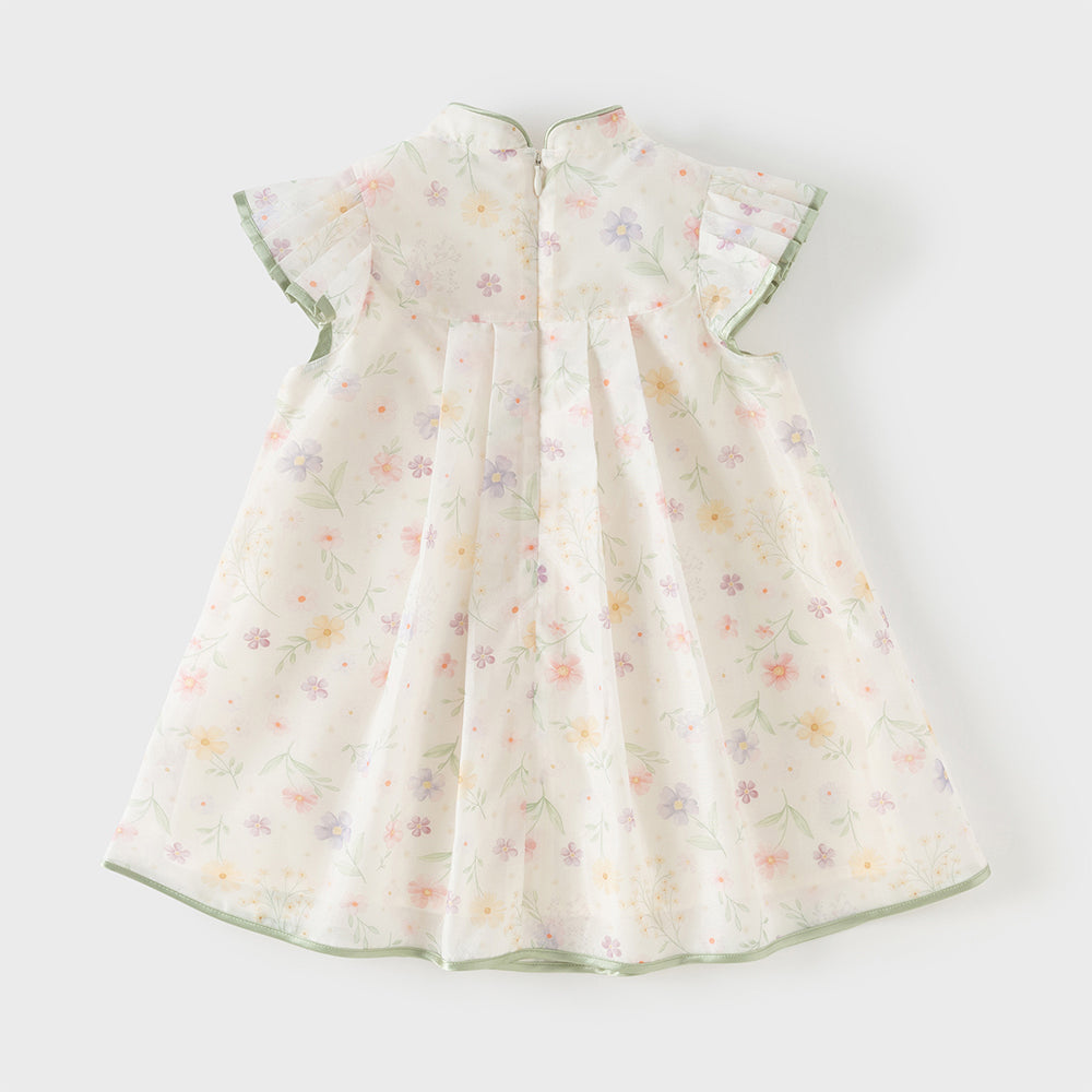 فستان بنات صيفي بياقة تشيباو وأكمام كاب بطبعة زهور بأسلوب صيني