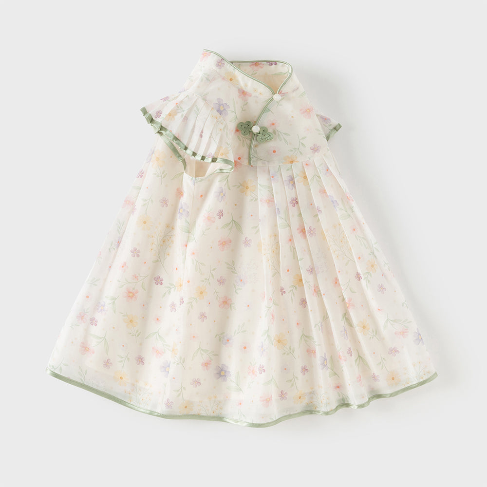 فستان بنات صيفي بياقة تشيباو وأكمام كاب بطبعة زهور بأسلوب صيني