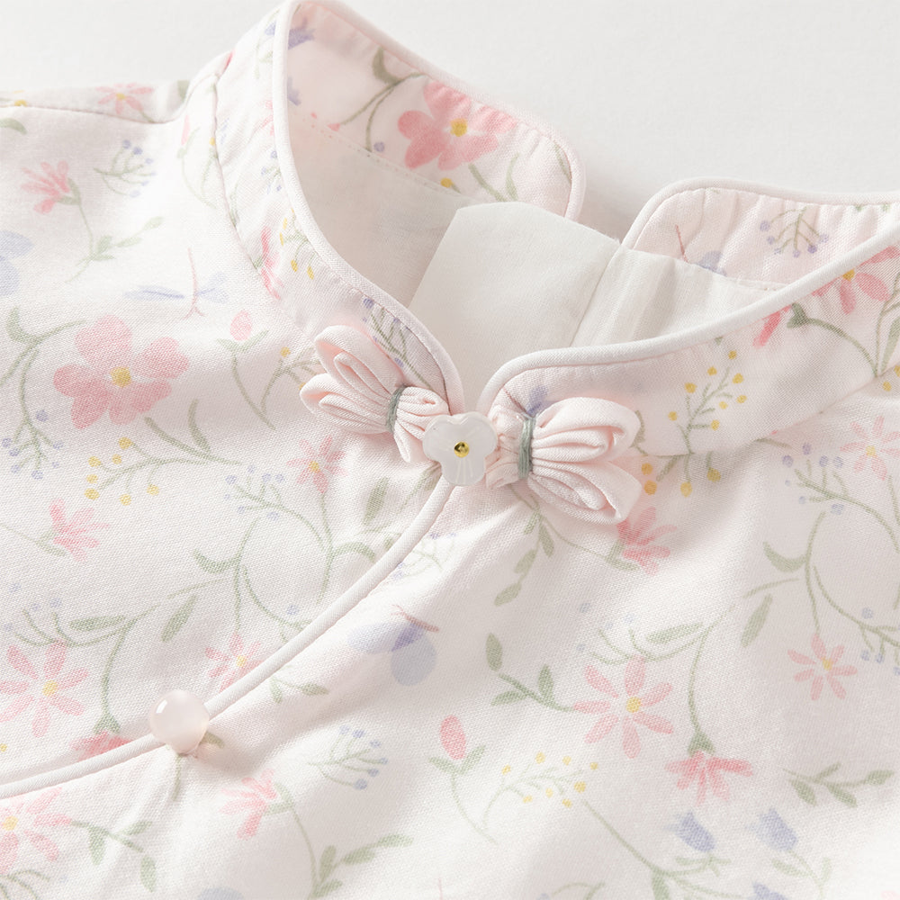 فستان ياقة تشيباو بأكمام قصيرة مزخرف بالزهور للبنات الصغيرات، فستان صيفي صيني متعدد الطبقات