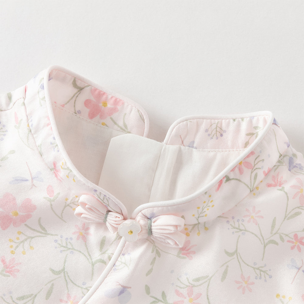 فستان ياقة تشيباو بأكمام قصيرة مزخرف بالزهور للبنات الصغيرات، فستان صيفي صيني متعدد الطبقات