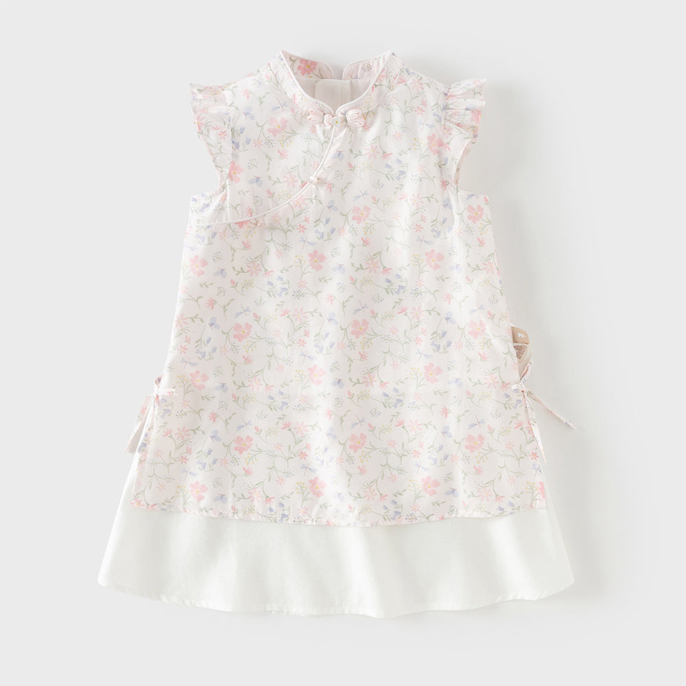 فستان ياقة تشيباو بأكمام قصيرة مزخرف بالزهور للبنات الصغيرات، فستان صيفي صيني متعدد الطبقات