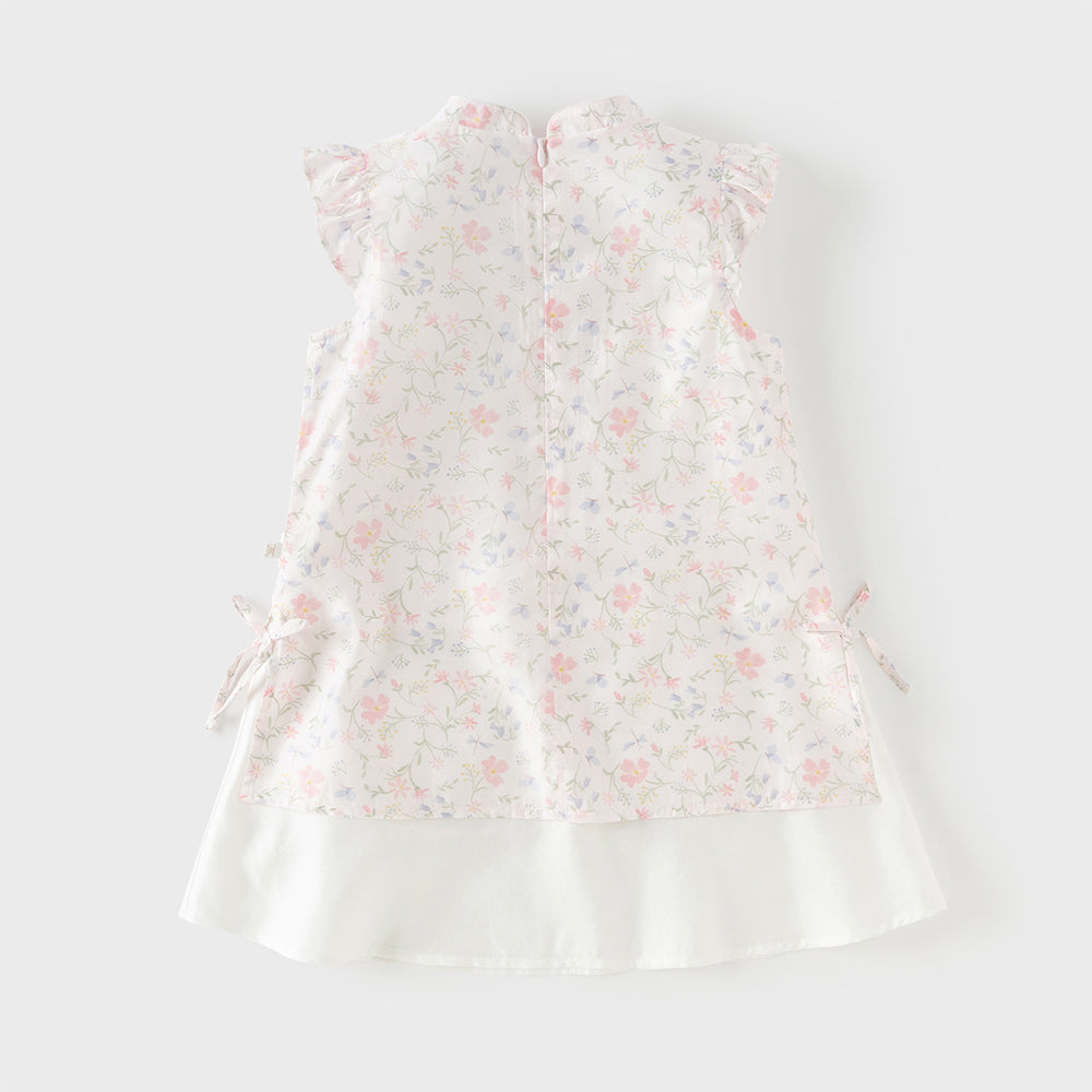 فستان ياقة تشيباو بأكمام قصيرة مزخرف بالزهور للبنات الصغيرات، فستان صيفي صيني متعدد الطبقات