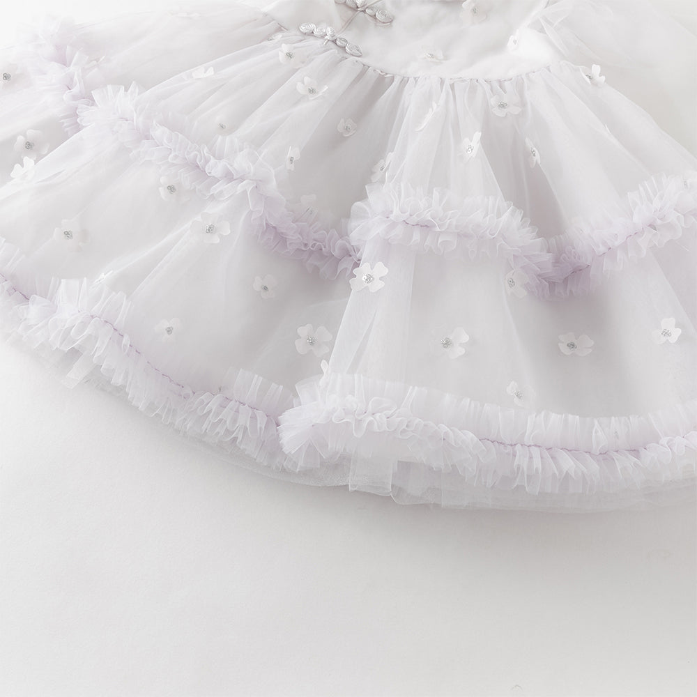 فستان بنات صيفي بنفسجي من التول بياقة تشيباو وأكمام كاب مع زهور ثلاثية الأبعاد بأسلوب صيني أميري