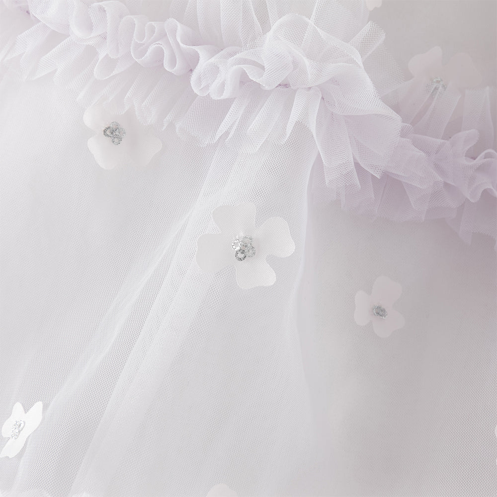 فستان بنات صيفي بنفسجي من التول بياقة تشيباو وأكمام كاب مع زهور ثلاثية الأبعاد بأسلوب صيني أميري