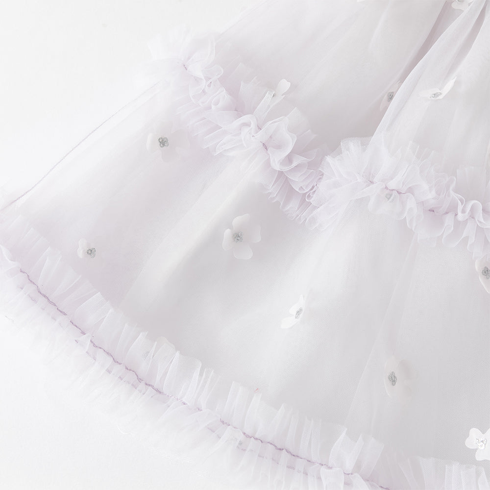 فستان بنات صيفي بنفسجي من التول بياقة تشيباو وأكمام كاب مع زهور ثلاثية الأبعاد بأسلوب صيني أميري