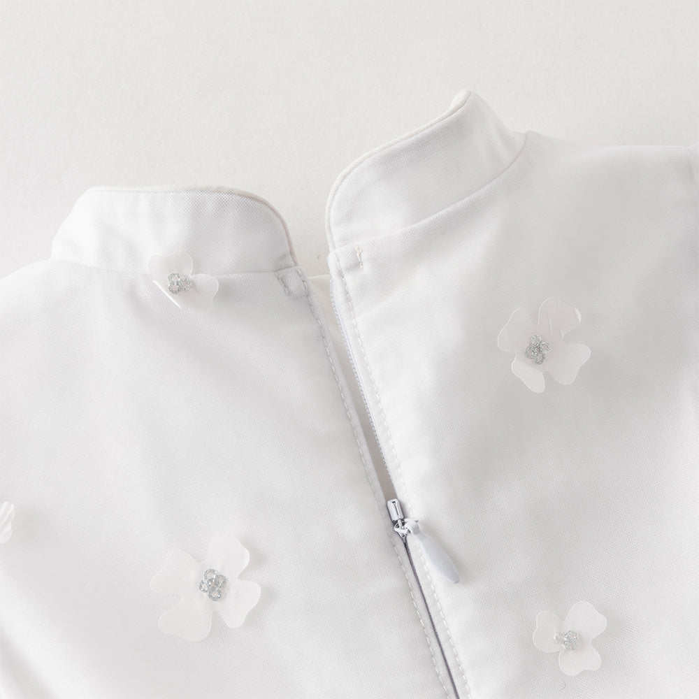 فستان بنات صيفي بنفسجي من التول بياقة تشيباو وأكمام كاب مع زهور ثلاثية الأبعاد بأسلوب صيني أميري