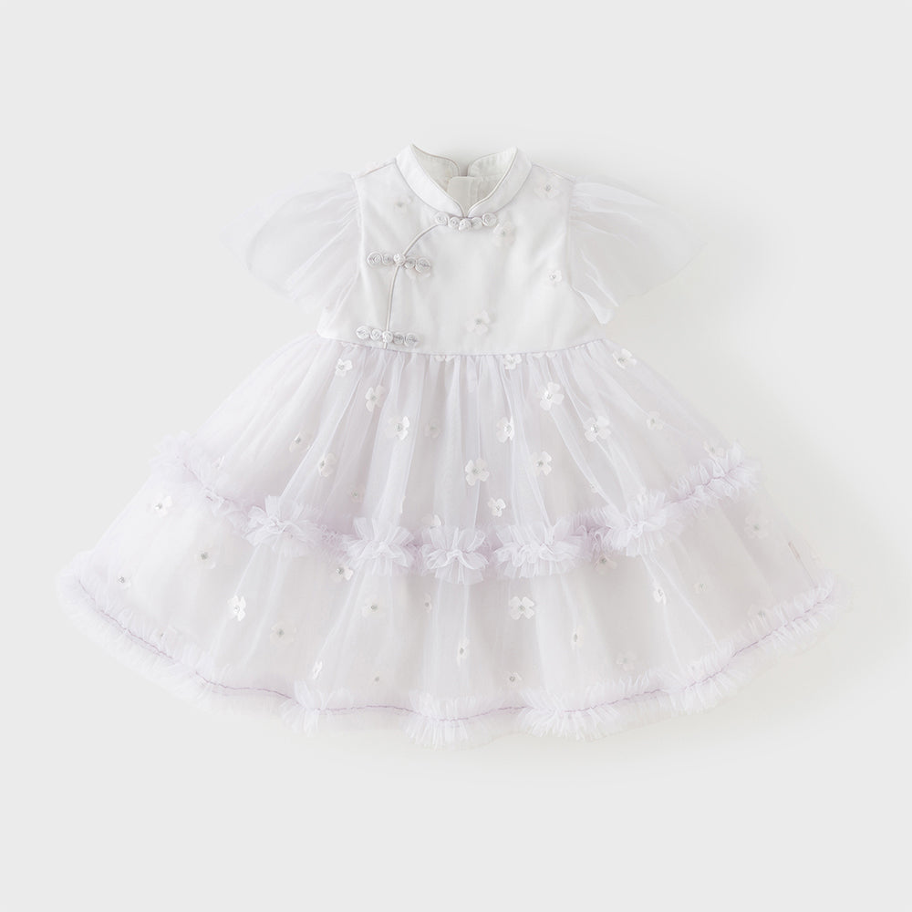 فستان بنات صيفي بنفسجي من التول بياقة تشيباو وأكمام كاب مع زهور ثلاثية الأبعاد بأسلوب صيني أميري