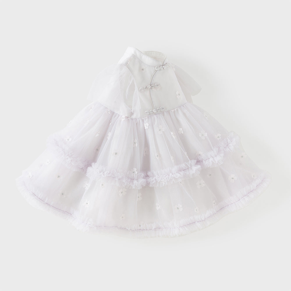 فستان بنات صيفي بنفسجي من التول بياقة تشيباو وأكمام كاب مع زهور ثلاثية الأبعاد بأسلوب صيني أميري