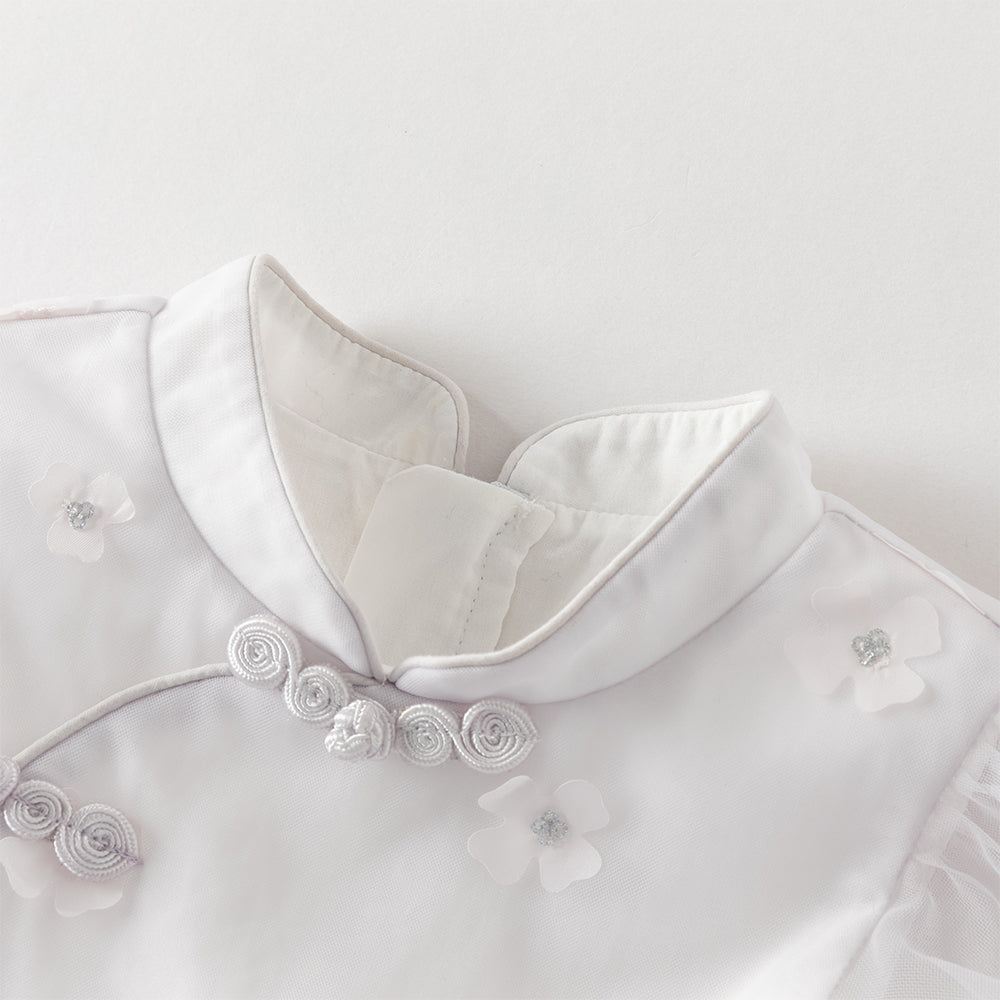 فستان بنات صيفي بنفسجي من التول بياقة تشيباو وأكمام كاب مع زهور ثلاثية الأبعاد بأسلوب صيني أميري