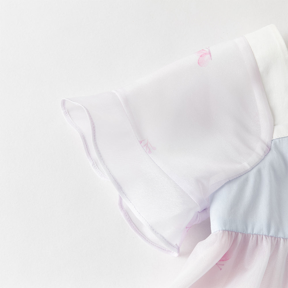 فستان بنات صيفي بطبعة فراشات بياقة مربعة وأكمام قصيرة مع تطريز بأسلوب أميرة (مع حقيبة متطابقة)